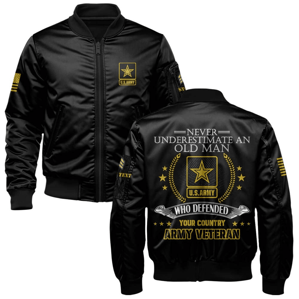 US Army Branches Bomber Jacket x "Never Underestimate An Old Man Who Defended Your Country Army Veteran Black" #00CB151