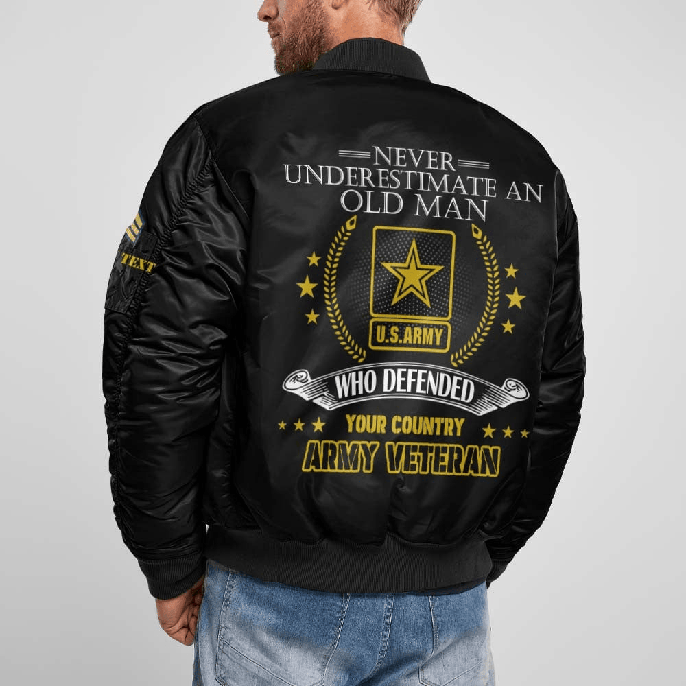 US Army Branches Bomber Jacket x "Never Underestimate An Old Man Who Defended Your Country Army Veteran Black" #00CB151