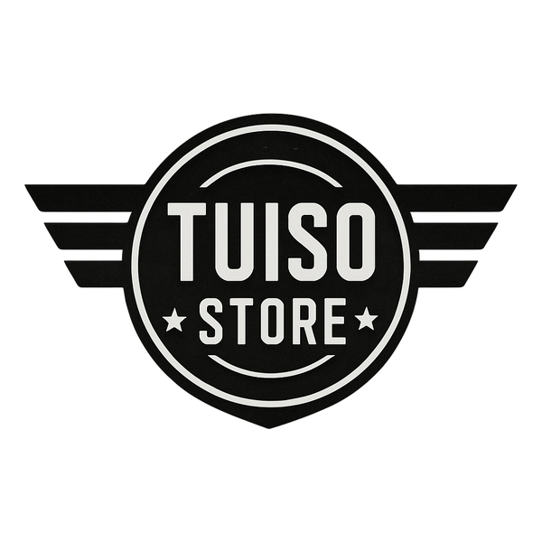 Black and white logo of Tuiso Store with wings on a light gray background